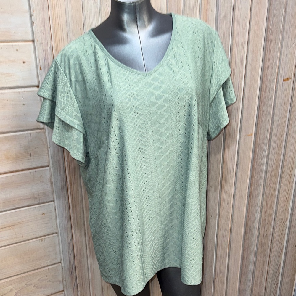Sage Green Knit Flutter Sleeve Blouse